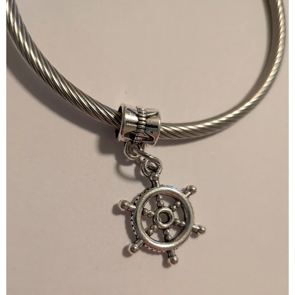 Silver Tone Nautical Ships Wheel Dangle Charm for Bracelet